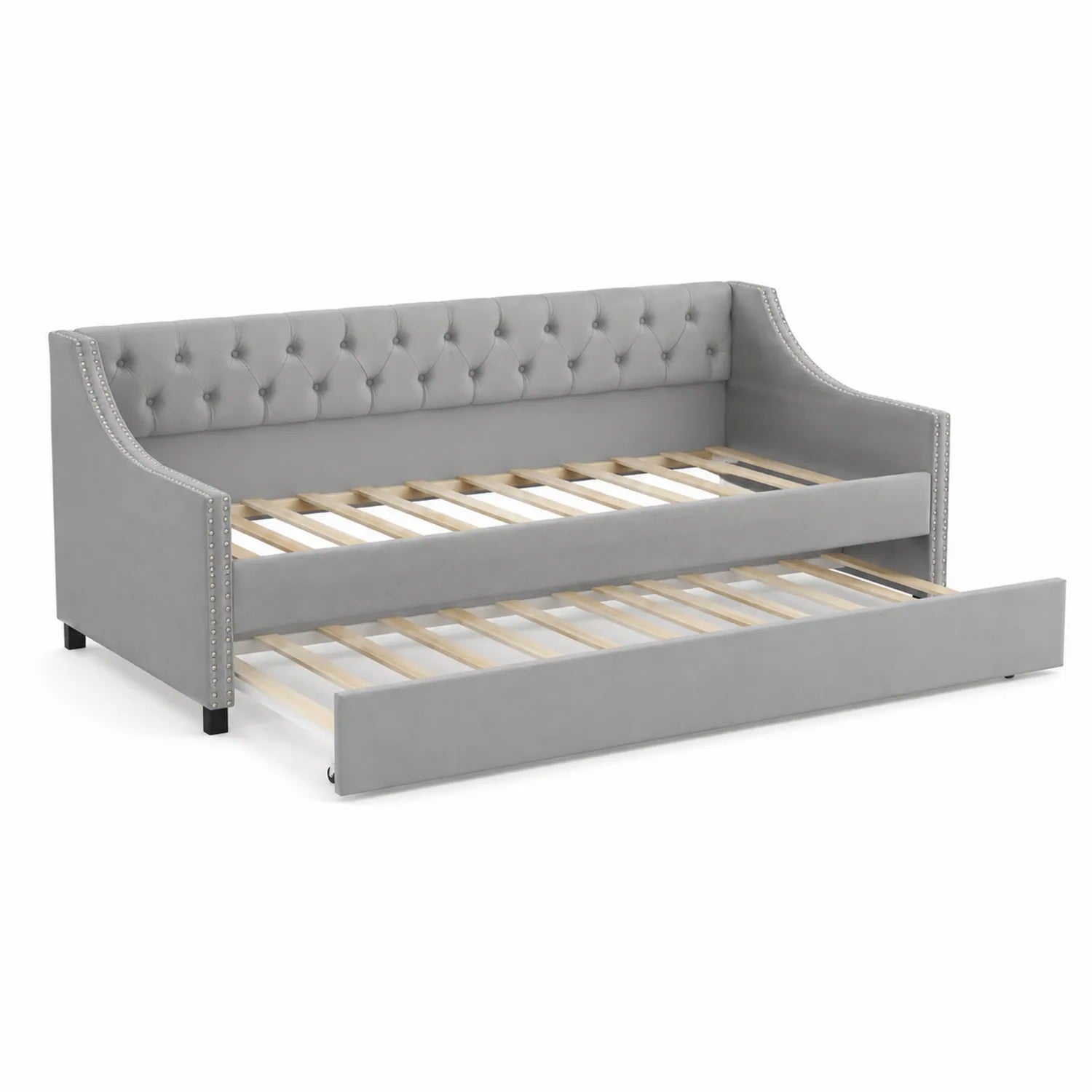 Sofá cama nido tapizado en tela gris con estructura de madera