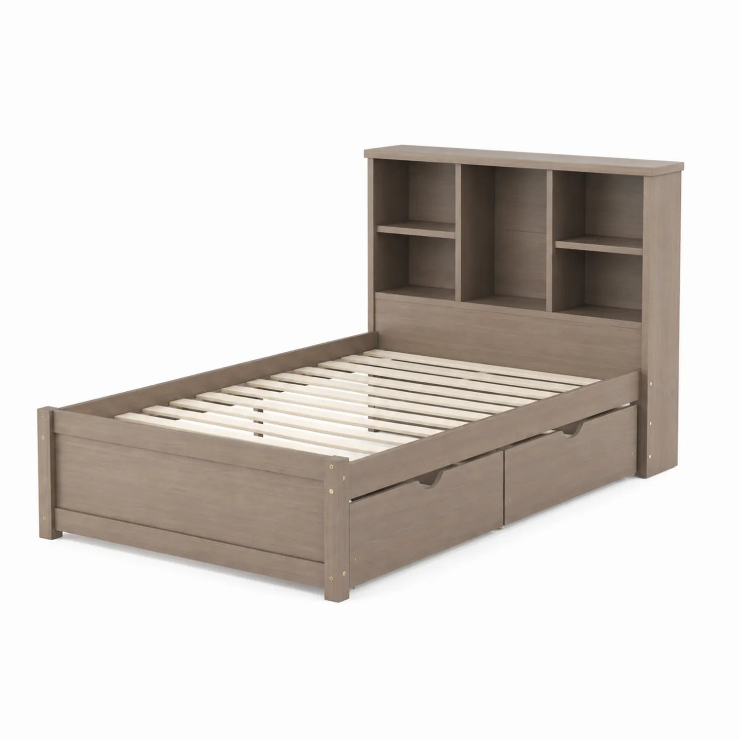 Cama individual de madera con estantería y cajones