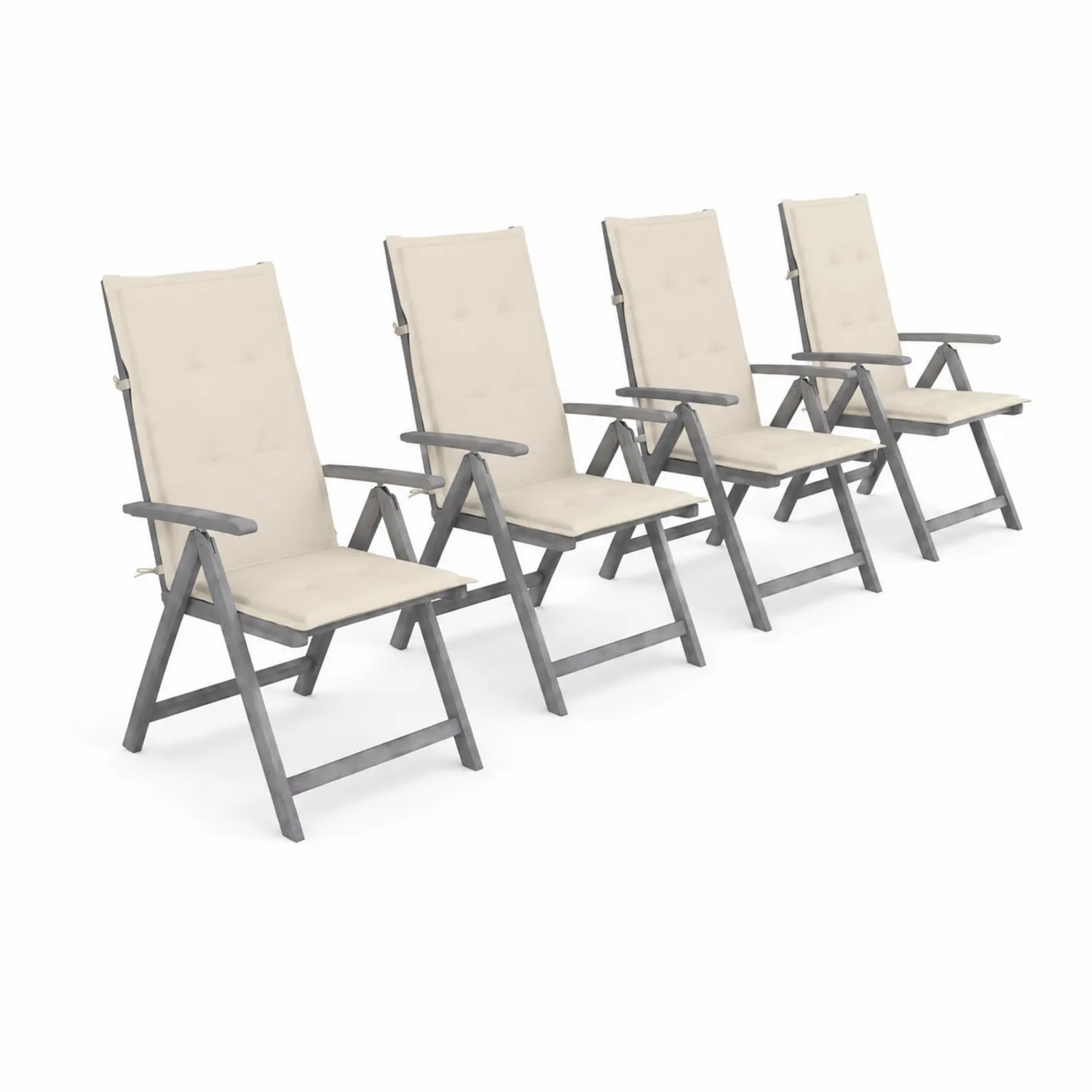 Juego de 4 sillas plegables de madera de acacia gris con cojines beige