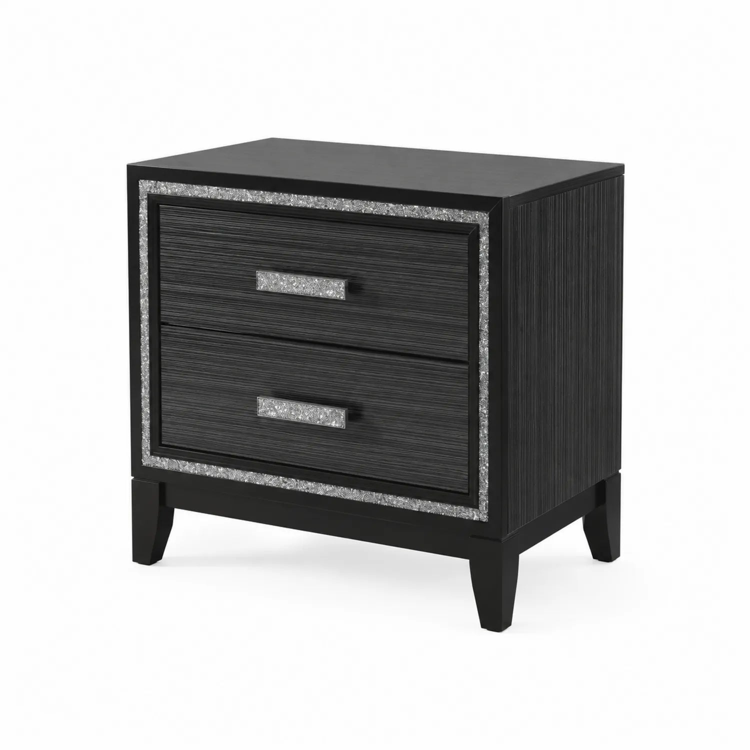 Mesita de noche de MDF negro con detalles de metal plateado