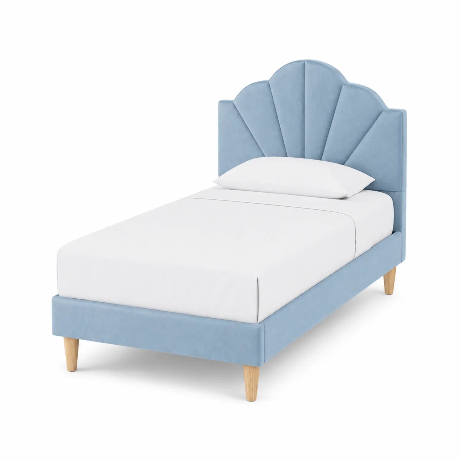 Cama Individual de Tela Azul con Cabecero en Forma de Concha