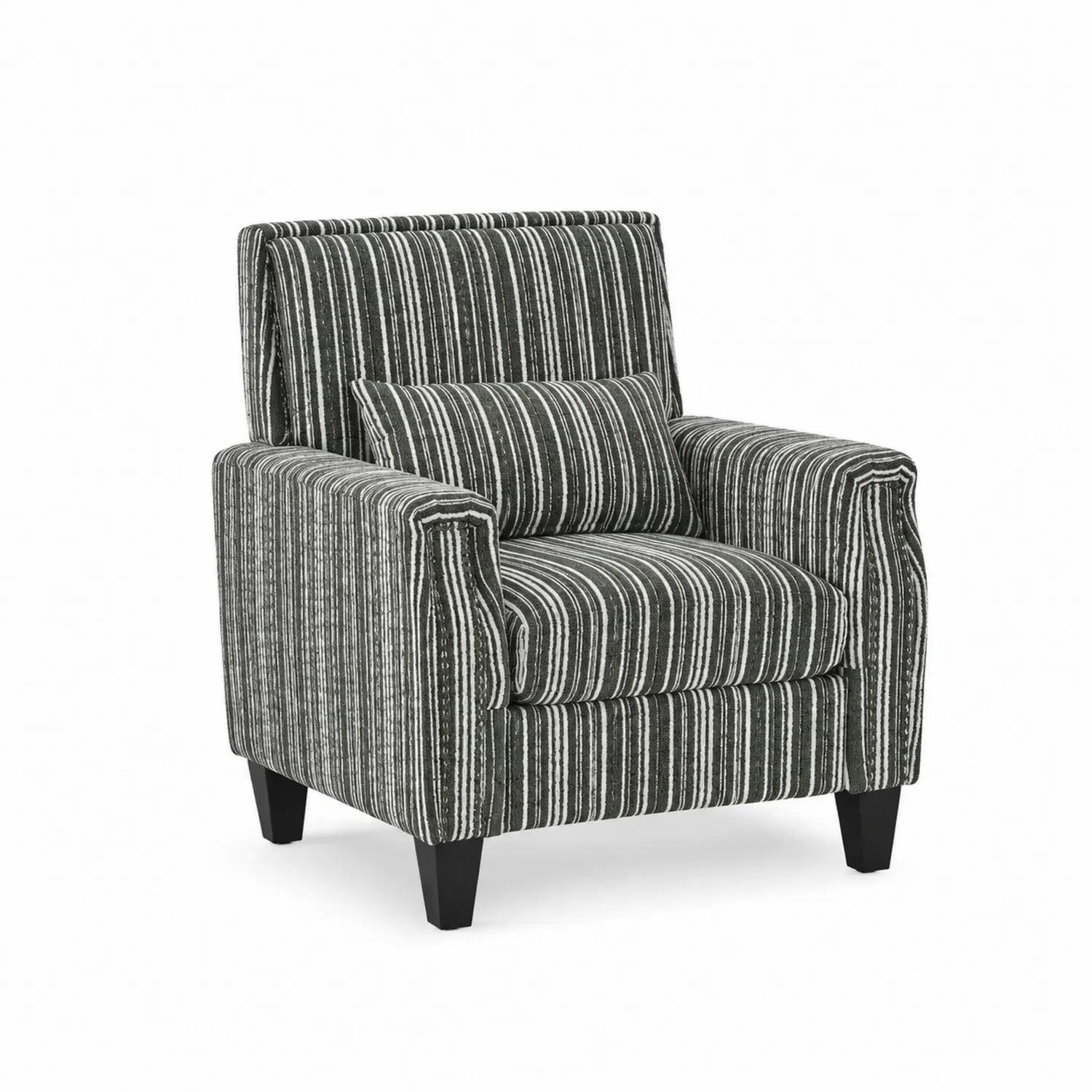 Sillón a rayas de poliéster Negro/Gris con patas de madera maciza