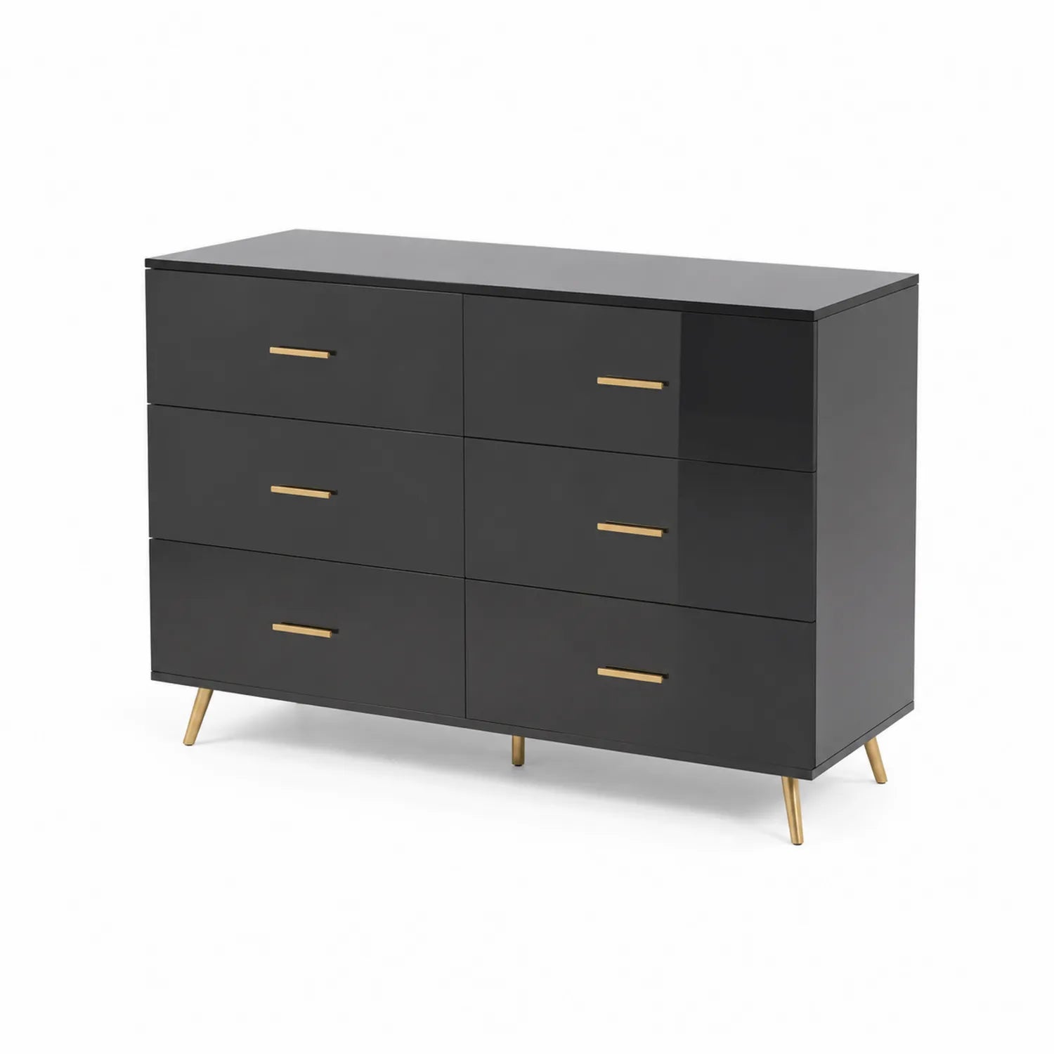 Cómoda de MDF Negro con Patas Metálicas y 6 Cajones