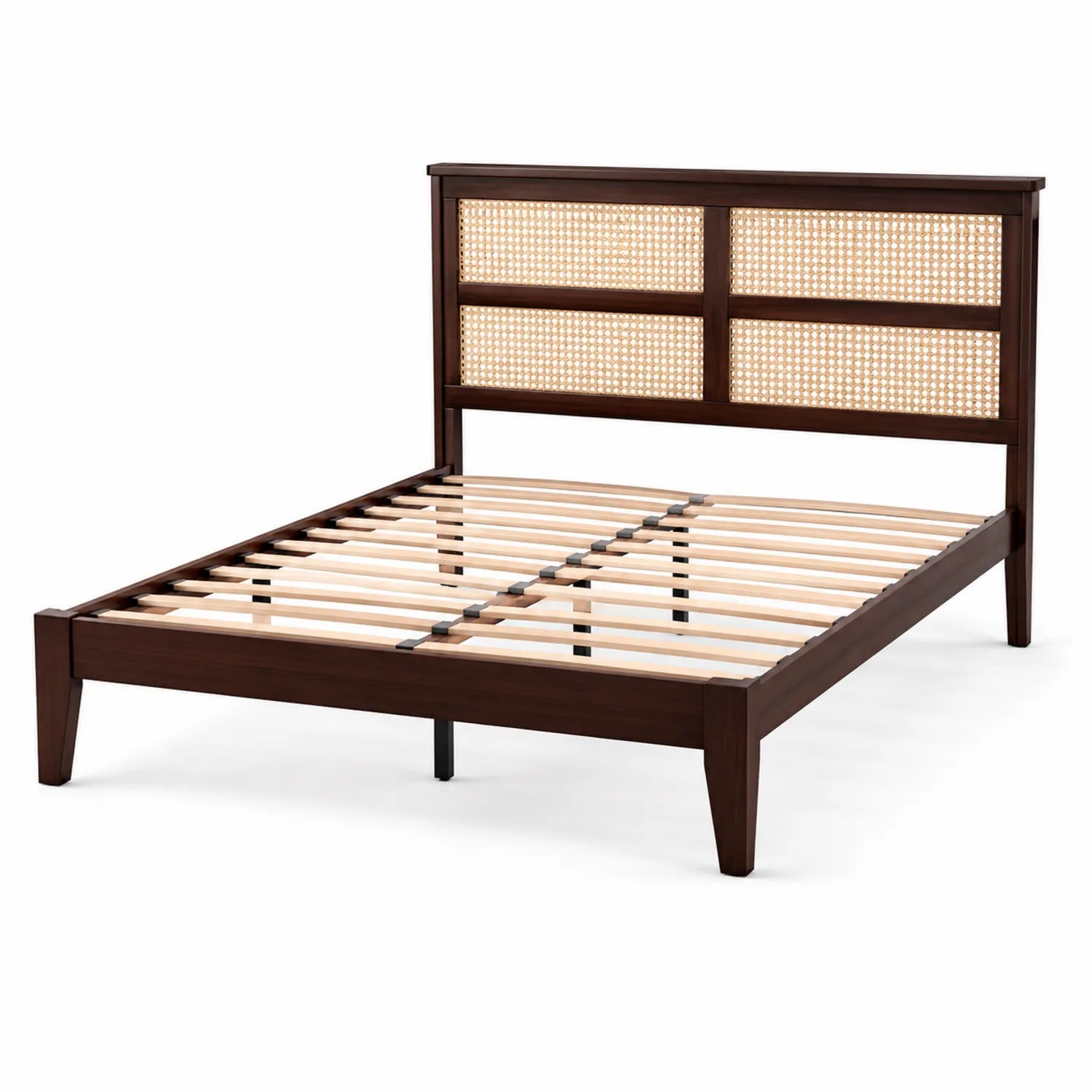Cama de Madera con Cabecero de Ratán Marrón Oscuro