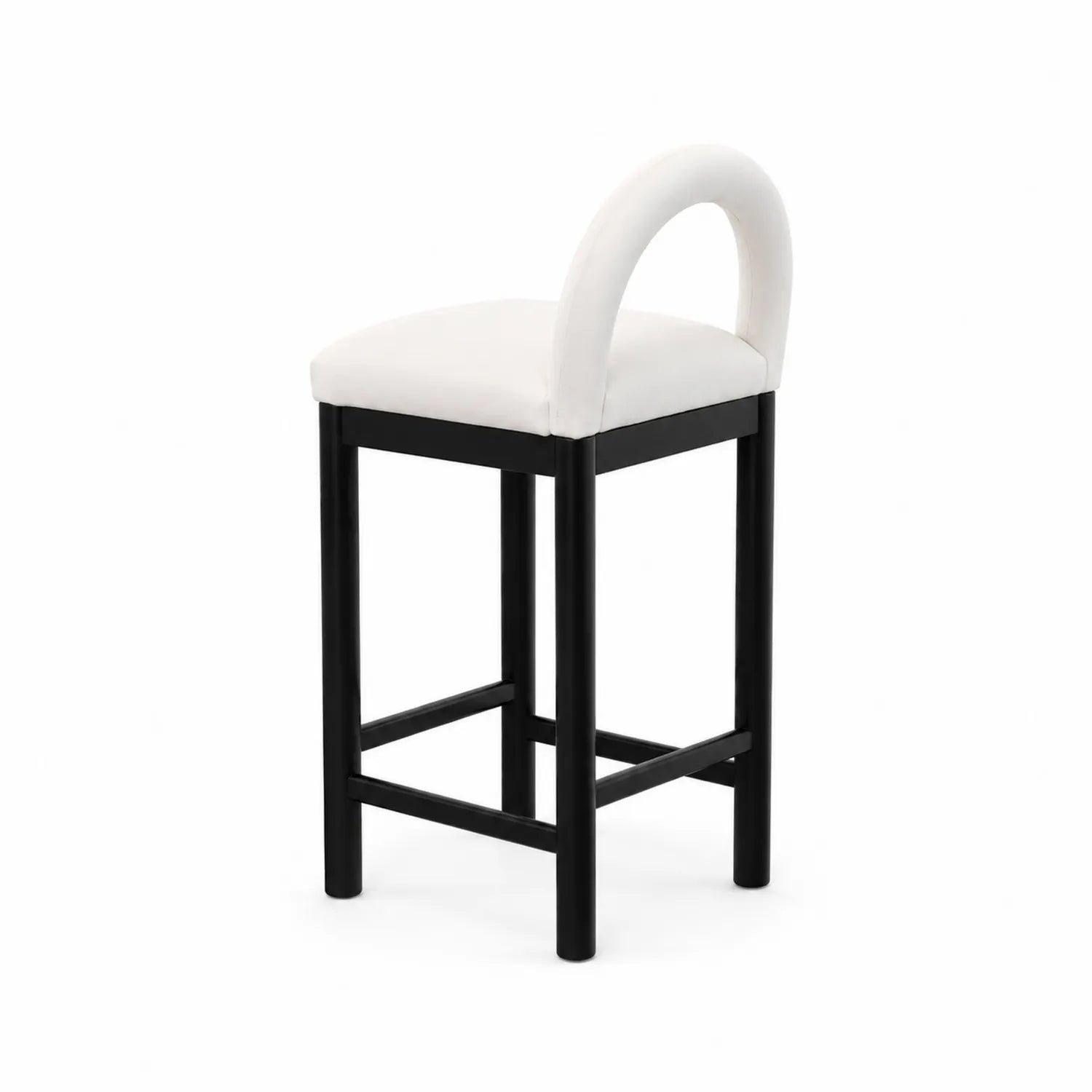 Taburete de bar con respaldo de tela y estructura de madera negra