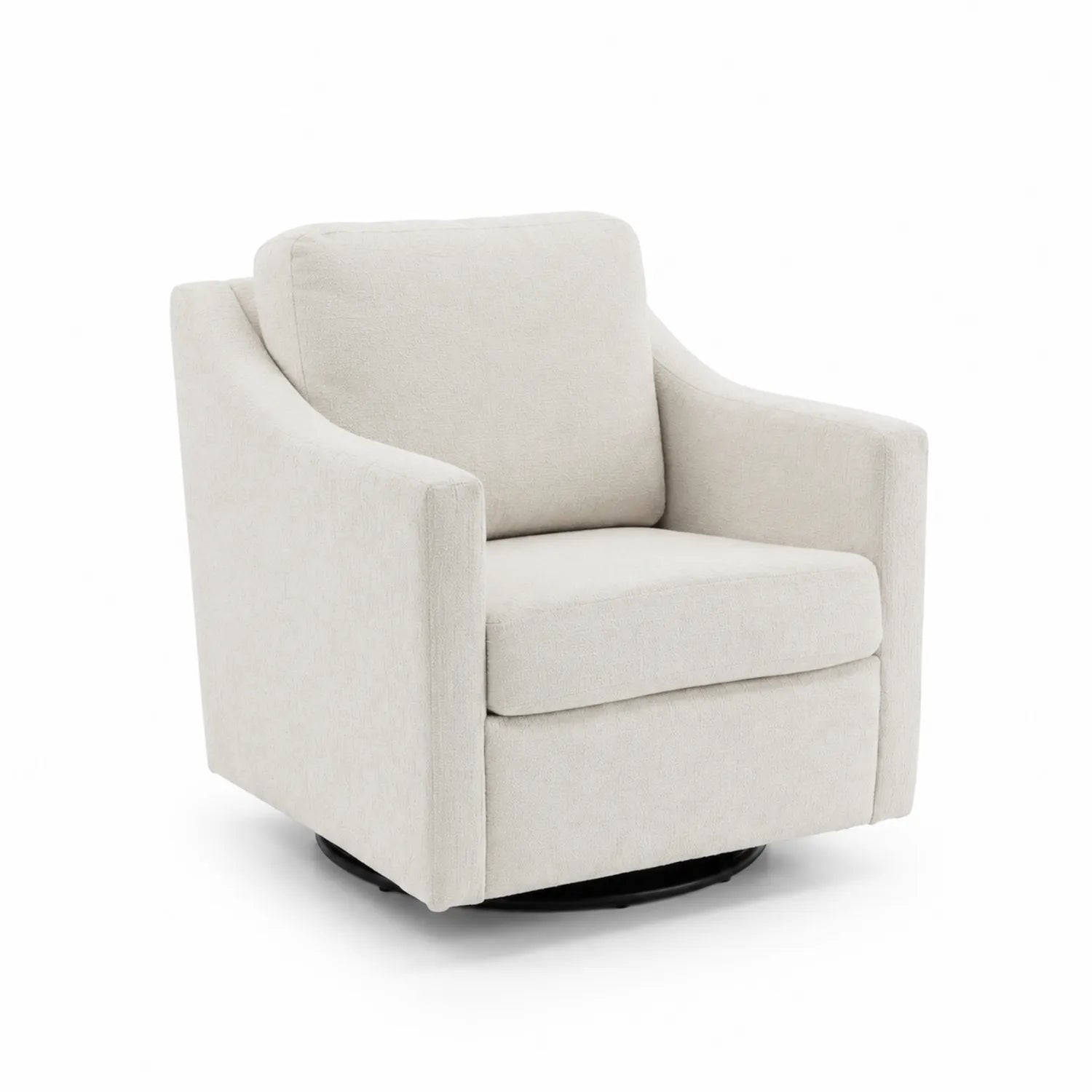 Sillón giratorio de poliéster beige con estructura de madera y base de metal