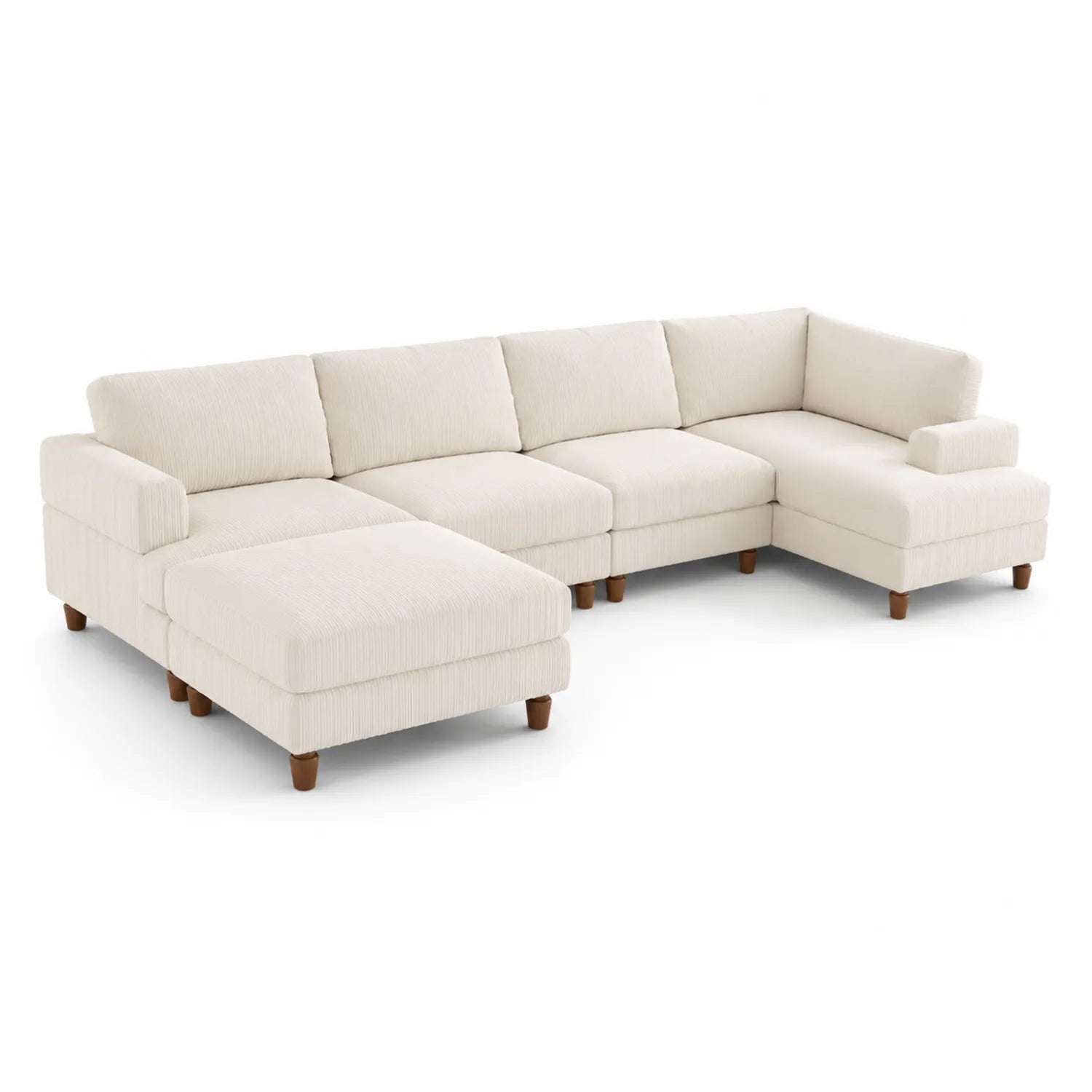 Sofá rinconero de poliéster crema con chaise longue y patas de madera