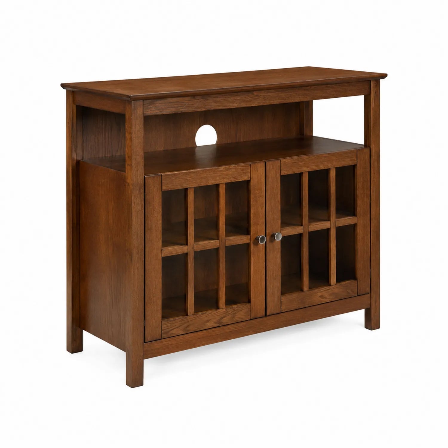 Mueble para TV de roble marrón con puertas de vidrio templado