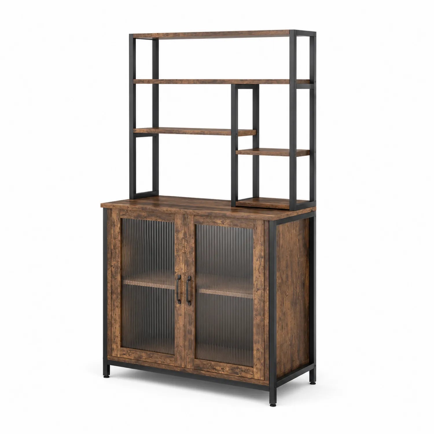Aparador de madera y metal con puertas de vidrio acanalado de 178x90x40cm
