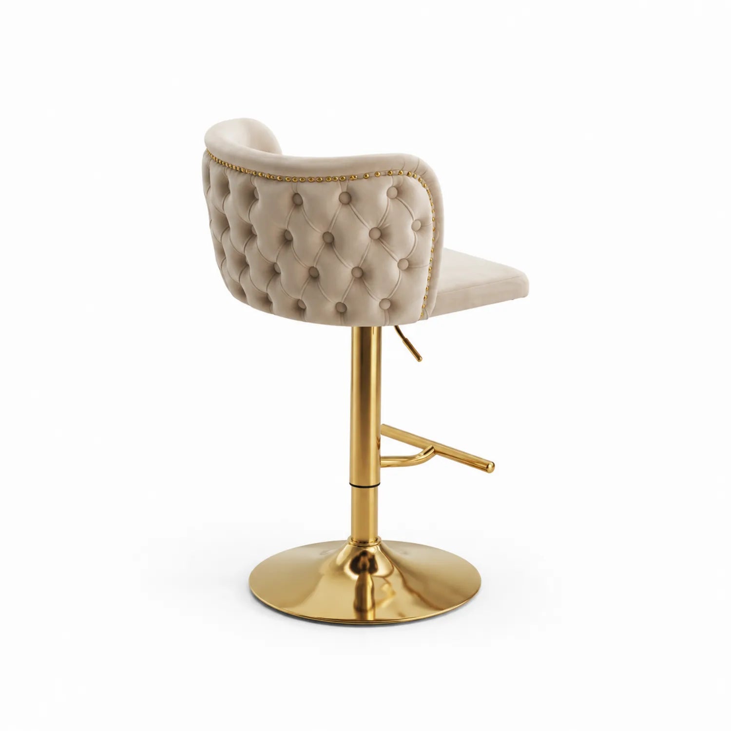 Silla de barra de terciopelo beige con base de metal dorado ajustable
