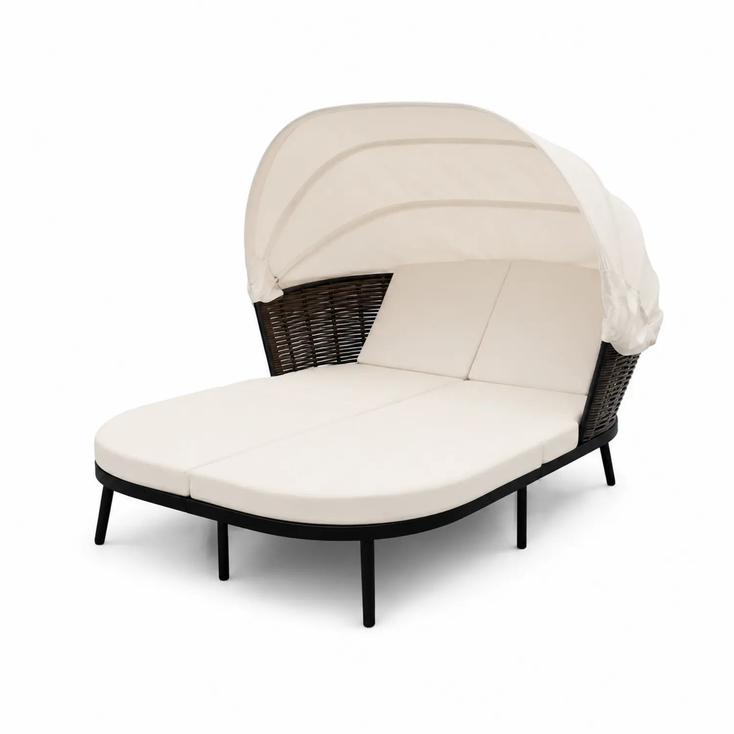 Cama de día doble con dosel, ratán sintético y cojines crema