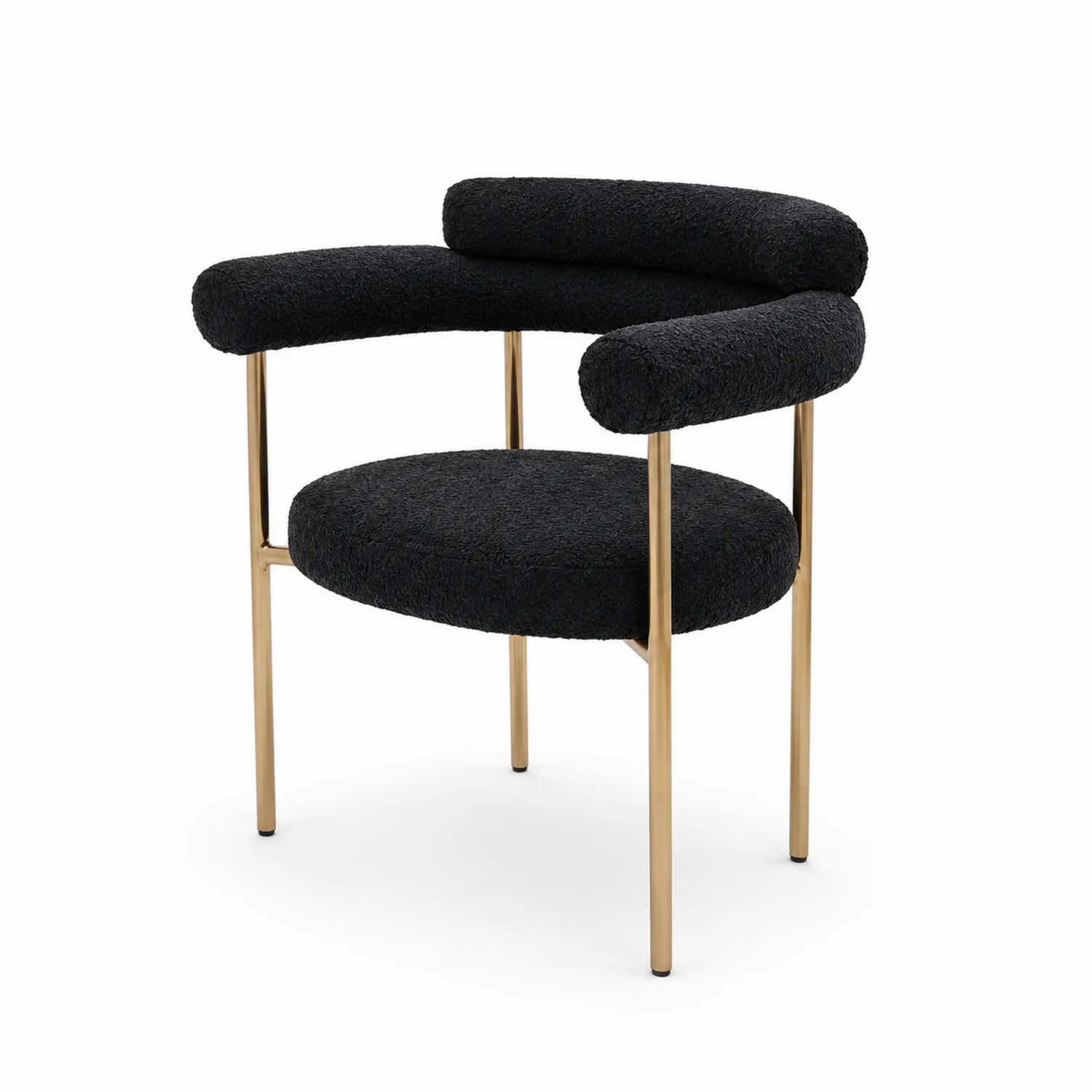 Silla de comedor de bouclé negra con estructura de acero inoxidable dorado