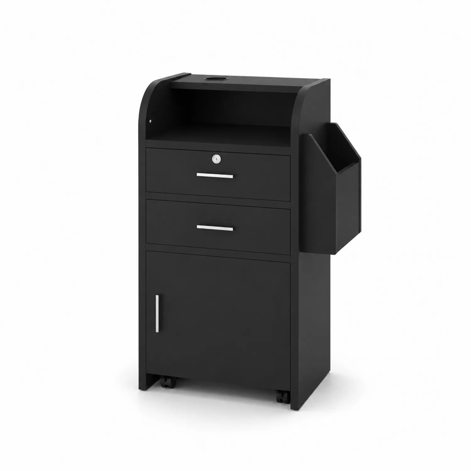 Carrito de almacenamiento negro con cajones y compartimento lateral, MDF