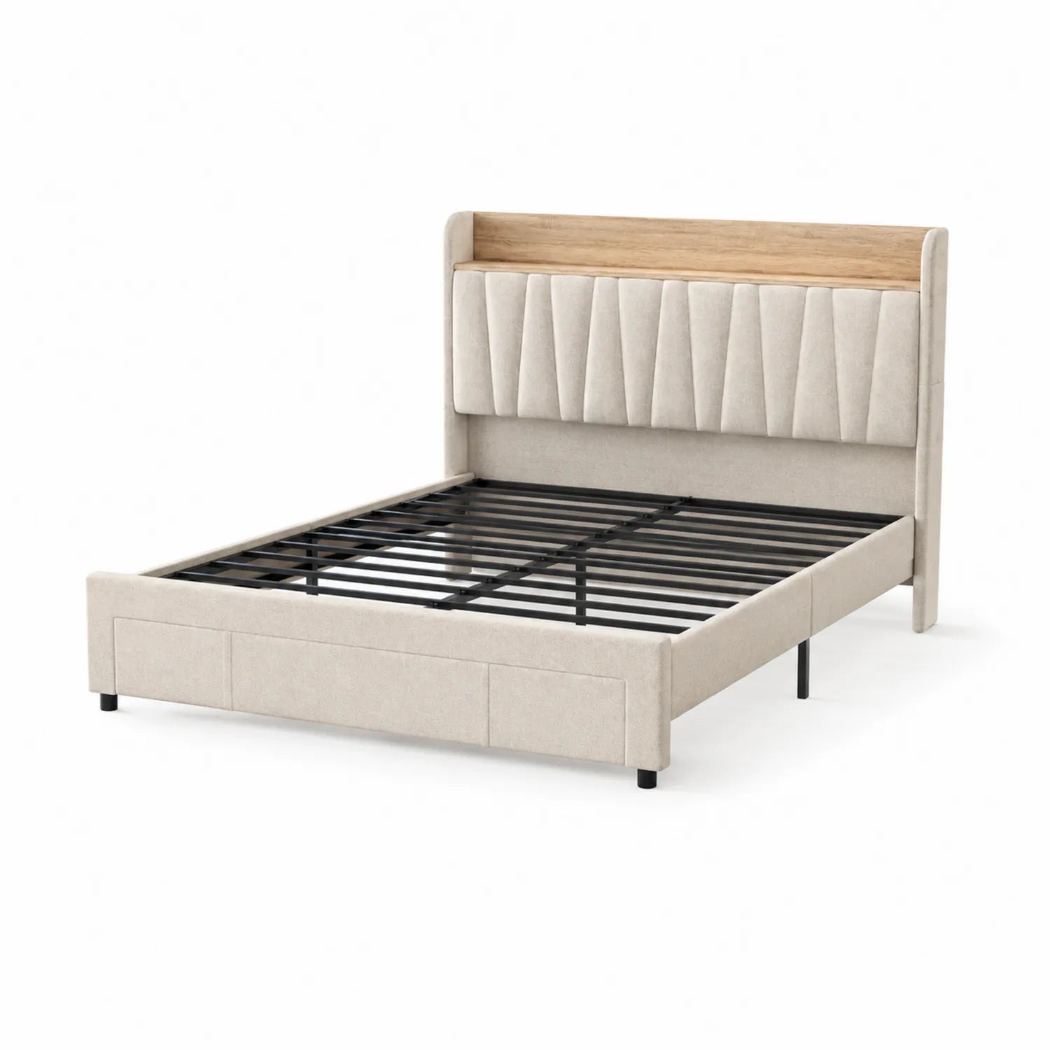 Cama tapizada de lino beige con cabecero de madera y estructura de metal 200x160 cm