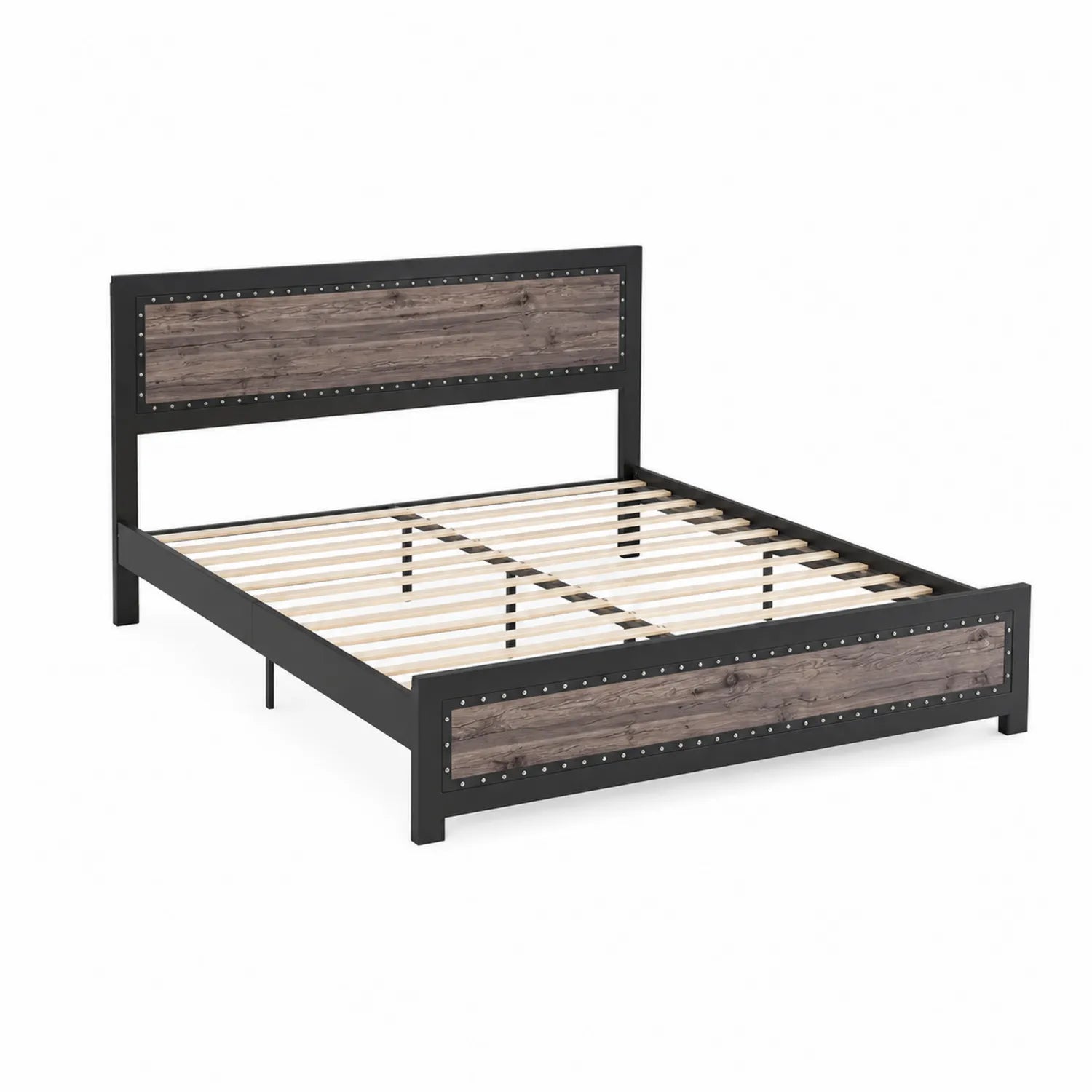 Cama doble de metal y madera 200x160 cm Negro/Madera