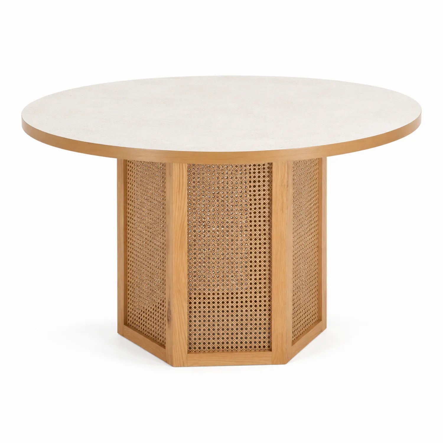 Mesa redonda de madera de roble y ratán con tablero de mármol