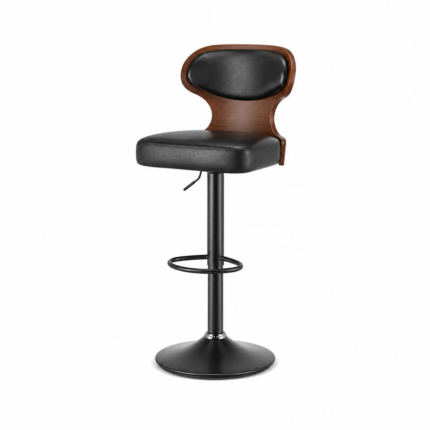 Taburete de bar con asiento ajustable de PU negro y respaldo de madera