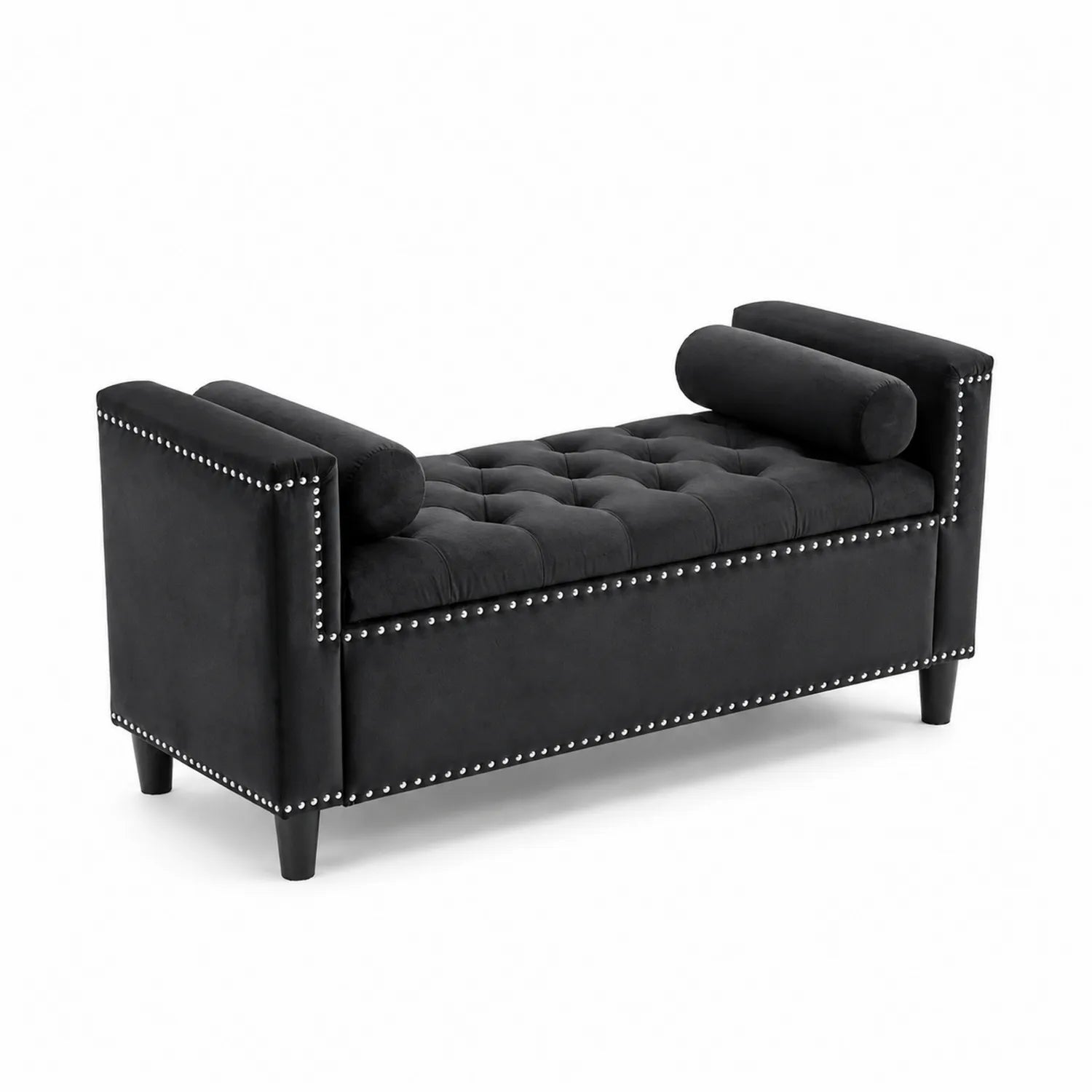 Banco de terciopelo negro con tachuelas, 120 cm x 40 cm x 60 cm