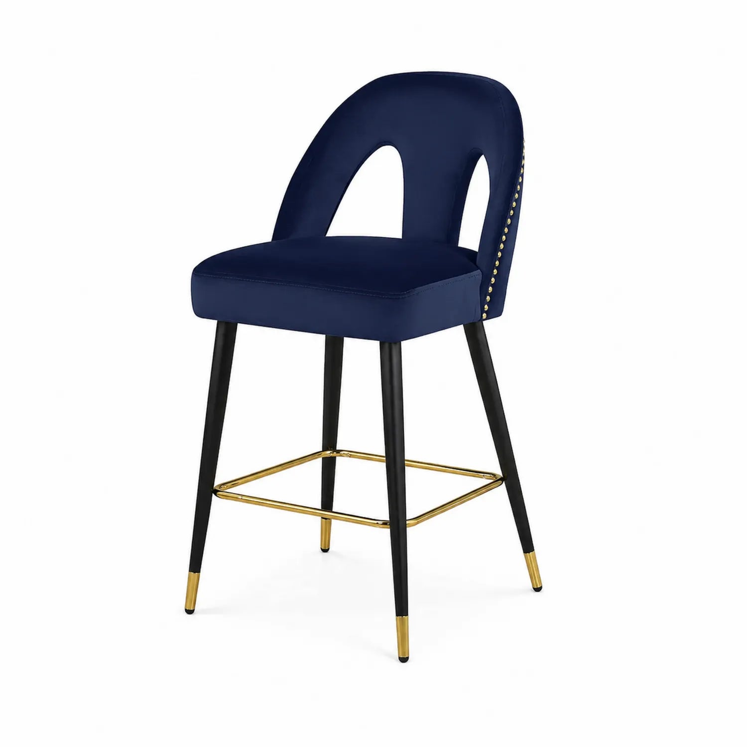 Taburete de terciopelo azul con patas metálicas negras y doradas