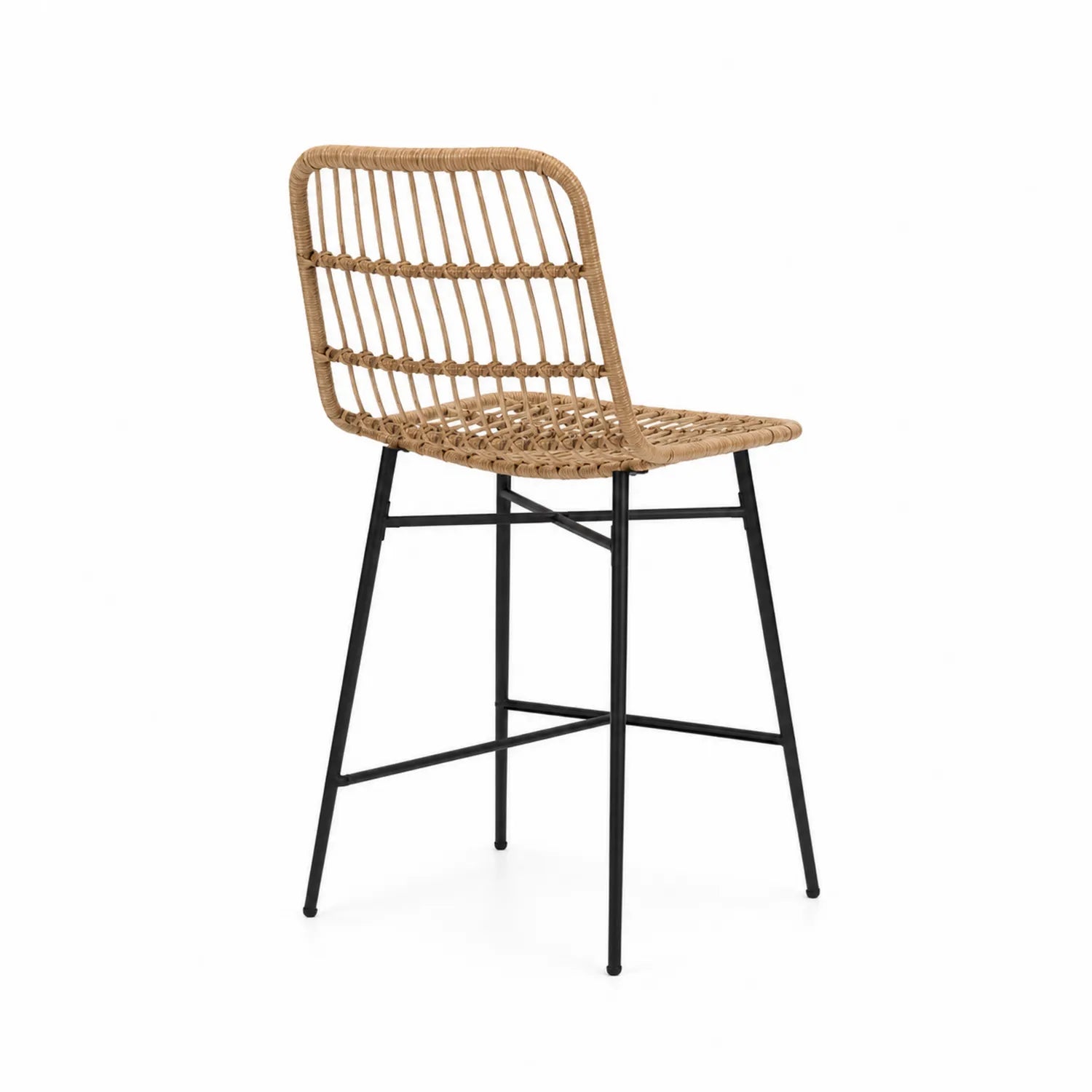 Taburete de Rattán Natural con Patas de Metal Negro