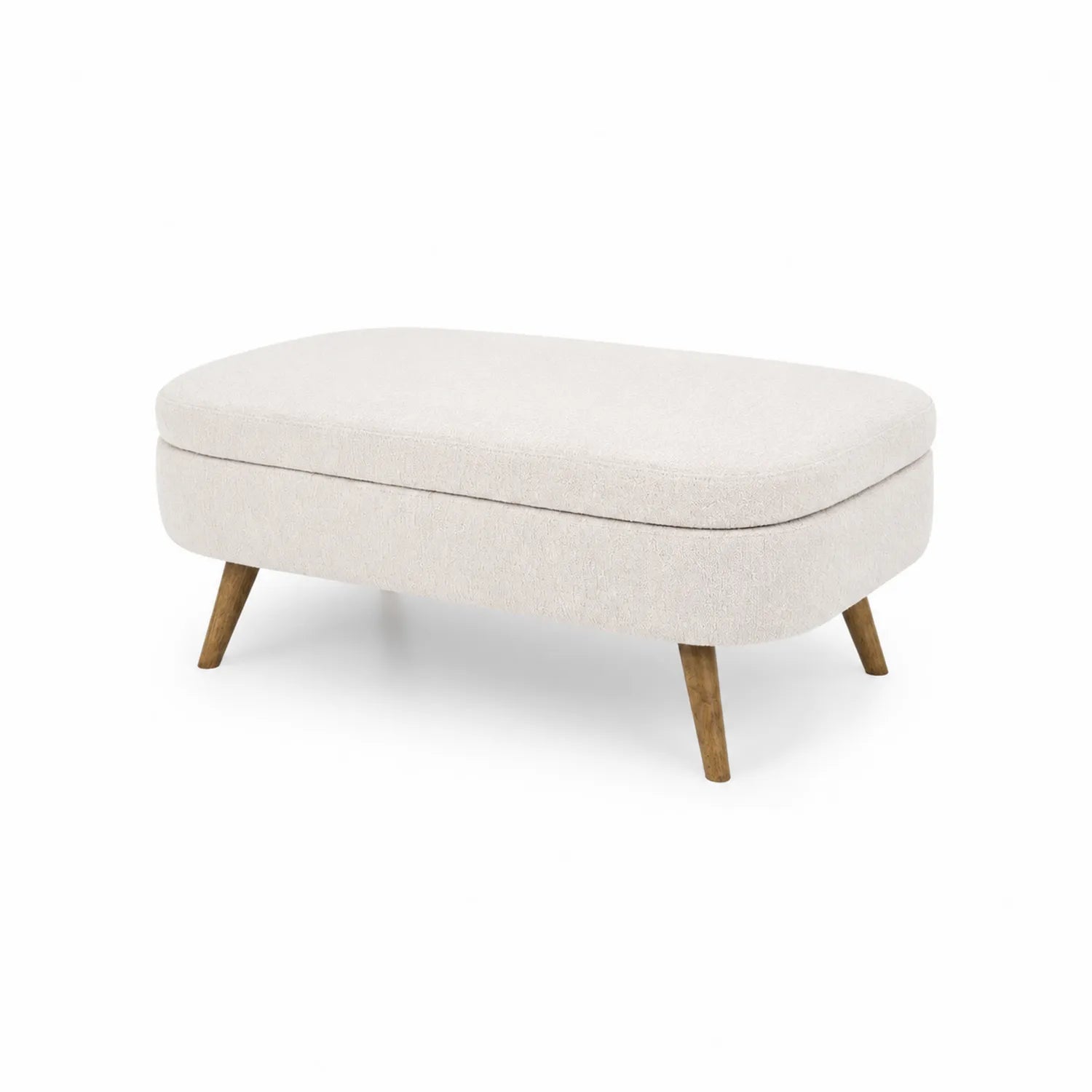 Banco de tela beige con patas de madera