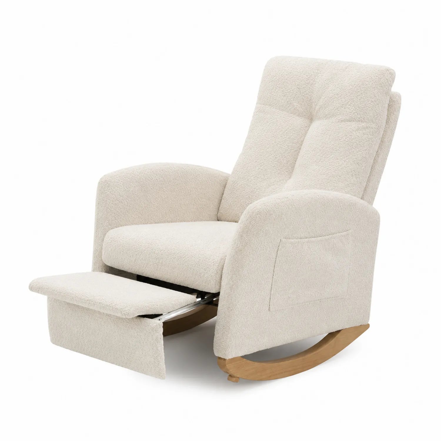 Silla mecedora reclinable de tela beige y estructura de madera