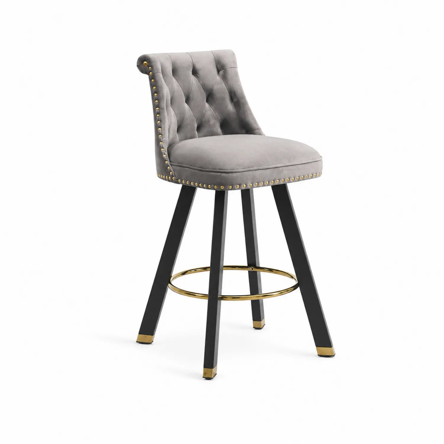 Taburete giratorio de terciopelo gris con patas de metal negro y dorado