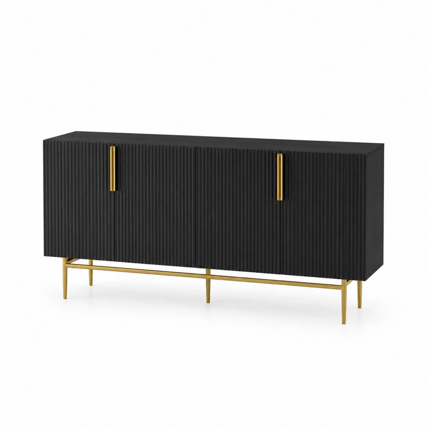 Aparador de MDF negro con patas metálicas doradas