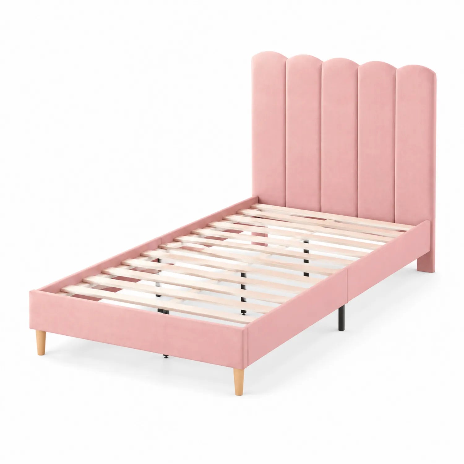 Cama individual de madera y terciopelo rosa