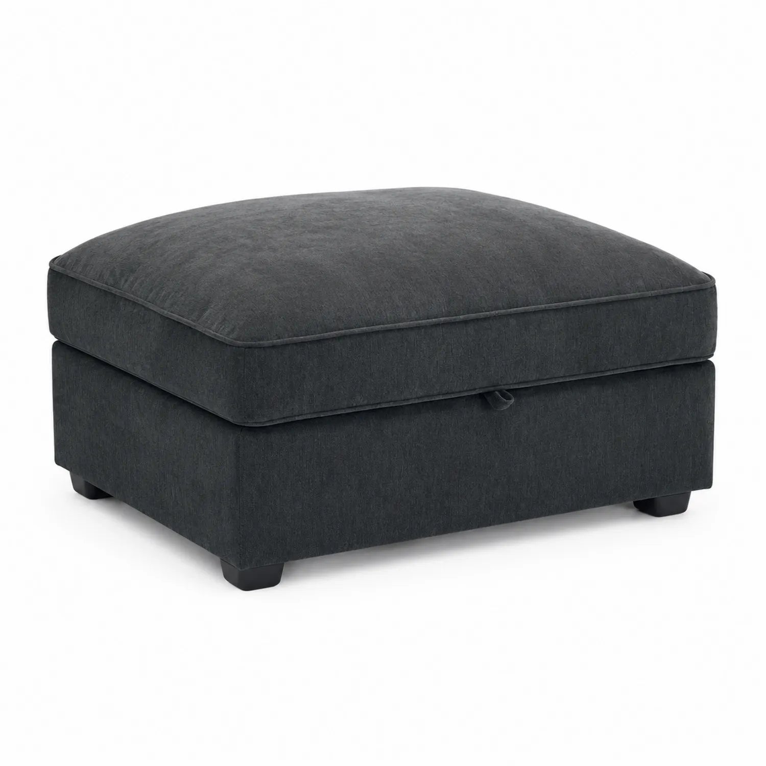 Puf de tela gris oscuro con estructura de madera y patas de plástico