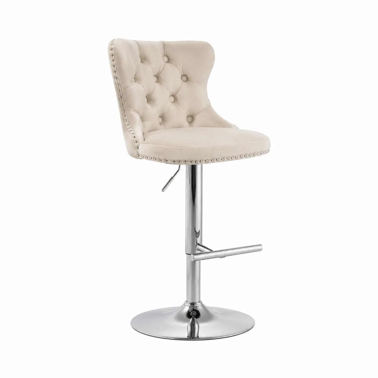 Taburete de terciopelo beige con base de acero inoxidable