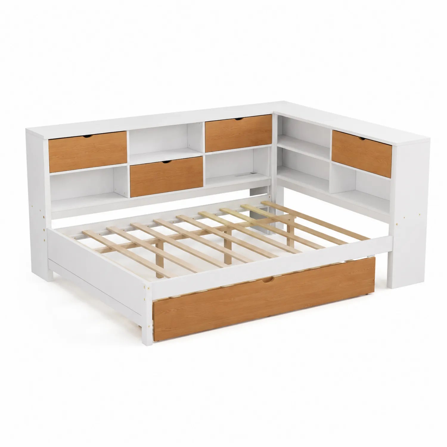 Cama de madera con estantería y cajones