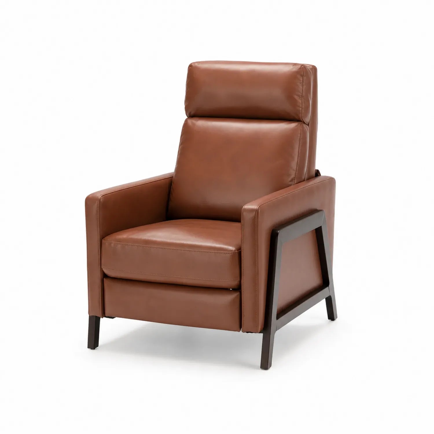 Sillón reclinable de cuero sintético marrón con estructura de madera